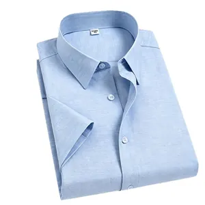 Chemise homme à manches courtes bleu clair en mélange lin-modal, style business casual