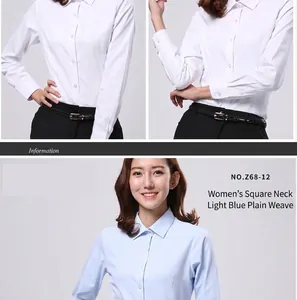 Detailed view showing the slim fit and square collar of a women's light blue dress shirt