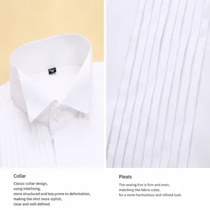 Close-up detail of white formal tuxedo shirt showing classic collar and pleated bib design