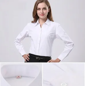 Detail view of women's professional white long-sleeved shirt with V-neck and plain weave