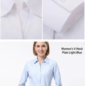 Detailed collar and cuff views of professional slim fit shirt with model in blue