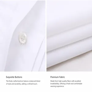 Close-up view of resin buttons and breathable cotton fabric texture on a white shirt