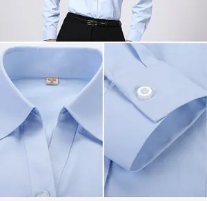 Vista detallada del cuello y el puño de una camisa profesional azul claro de manga larga