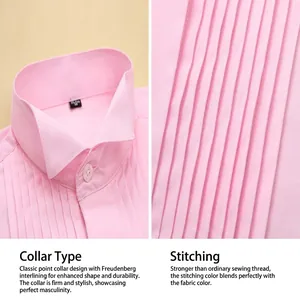 Detailed macro view of pink tuxedo shirt featuring pleated front and wingtip collar.