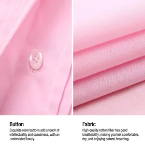 Detail showing the resin button and breathable cotton fabric texture of the pink shirt.
