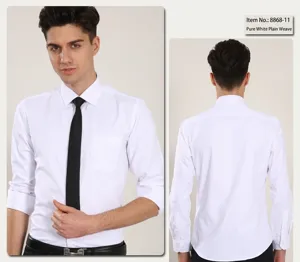 Front and back view of a slim-fit white long-sleeved business dress shirt for men