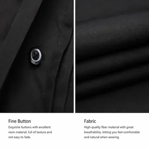 Detailed view of black shirt resin button and breathable cotton fabric texture.