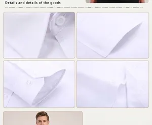 Detailed views showing the collar, cuffs, and pocket of a white slim-fit business shirt