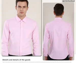Detailed front and back views of a men's light pink slim-fit long-sleeved dress shirt