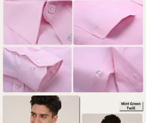 Detailed view of pink long sleeve business dress shirt showing collar and cuffs texture