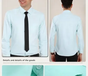 Detailed views of a light blue slim fit business long sleeve dress shirt for men