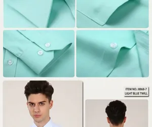 Close-up detail view of light blue twill business dress shirt showing collar and cuffs