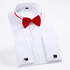 White tuxedo shirt with wing collar, pleated front and red bow tie