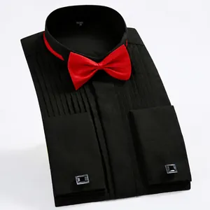 Elegant black wing collar tuxedo shirt featuring a pleated front and red bow tie