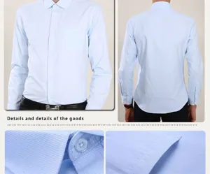 Detail view of light blue men's slim-fit business shirt showing fabric texture