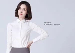 Professional long-sleeved white button-down office shirt for women with slim fit design