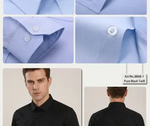 Detailed views of light blue twill fabric and model wearing a black slim-fit shirt