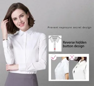 Detailed view of the anti-exposure hidden button design on white slim fit office shirt