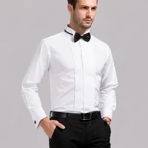 Men Formal Tuxedo Shirt Wing Tip Collar Pleated Front Cotton Blend Long Sleeve Top With Bow Tie Cufflinks For Wedding Banquet