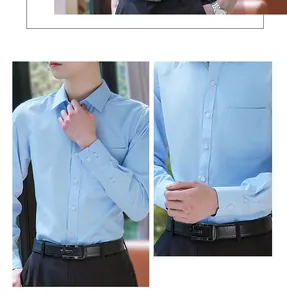 Close-up detail of a light blue men's business shirt featuring a chest pocket and buttons