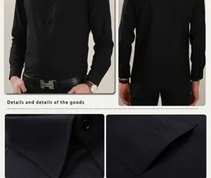 Detailed close-up views showing black business shirt collar and fine fabric texture