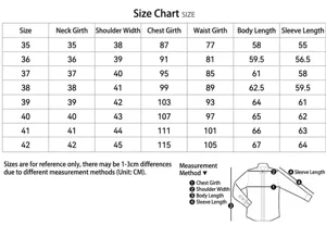 Detailed size chart for women's professional long-sleeve office shirt showing measurements