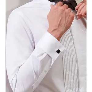 Elegant men's white tuxedo shirt featuring a stand collar and pleated front detail