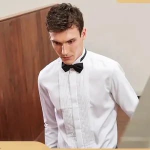 Professional men's white formal tuxedo shirt featuring a pleated front and black bow tie