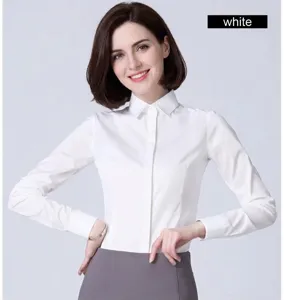Professional white slim-fit long-sleeve dress shirt for women's office work attire
