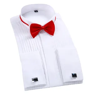 White formal tuxedo shirt with stand collar and red bowtie for men