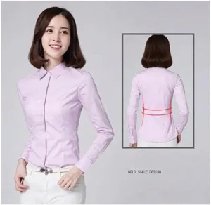 Detail view of women's lavender slim-fit professional shirt showing front and back