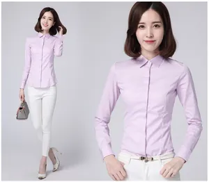 Close-up of a women's lavender slim-fit formal shirt with a classic collar.