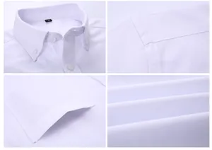 Dettagli che mostrano il colletto, la tasca e la trama del tessuto di una camicia Oxford bianca.