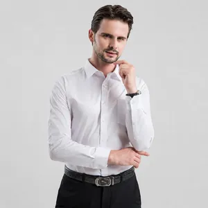 Men's High-End 100% Cotton Long Sleeve Business Formal Shirt Liquid Ammonia Non-Iron Slim Fit White Blue Striped Work Top