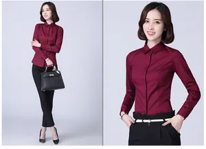 Close-up and full view of a slim fit burgundy long sleeve professional shirt for women