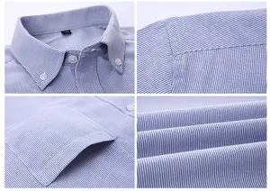 Dettagli della camicia Oxford a righe azzurre che mostrano colletto, taschino e trama
