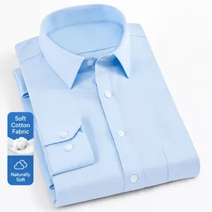 Men's Business Casual Cotton Blend Shirt Long Sleeve Button Down Non-Iron Work Shirt Solid Color Slim Fit Top With Pocket