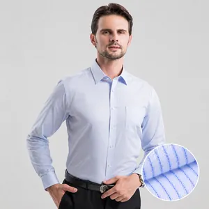 Professional non-iron long sleeve business shirt in light blue vertical stripe for men.