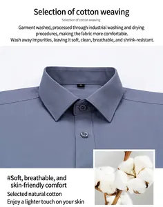 Gros plan du col d'une chemise formelle bleu-gris avec coutures fines et texture coton.