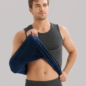 Men's winter thick thermal fleece-lined tank top and pants base layer set in dark grey