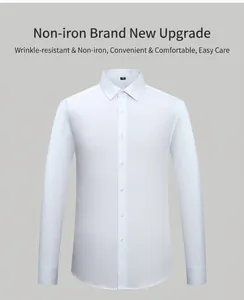 Close-up front view of high-quality white slim-fit iron-free long-sleeved shirt for men