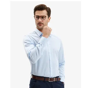Professional men's light blue long-sleeve non-iron cotton business dress shirt for office wear