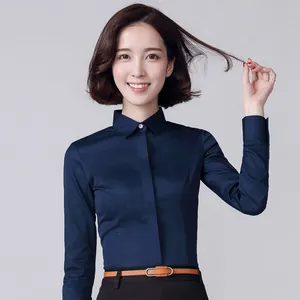 Professional navy blue long-sleeved slim-fit shirt for women with elegant square collar