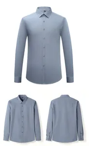 Detailed views of light blue men's slim fit non-iron long sleeve shirt with fleece lining