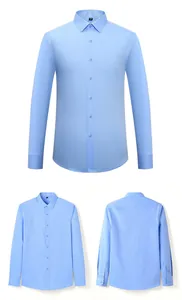 Detailed multi-angle view of a blue men's slim fit long sleeve bamboo fiber shirt