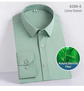 Detail showing a light green bamboo fiber long-sleeved shirt with a square collar.