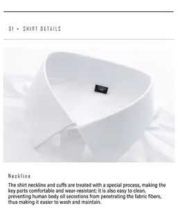 Detail view of the reinforced neckline on a white bamboo fiber non-iron dress shirt.