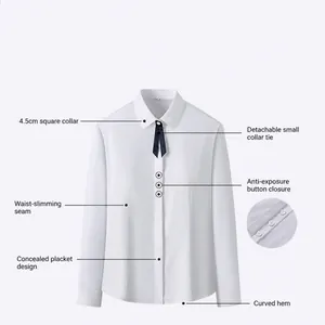 Breathable white bamboo fiber long-sleeved shirt with square collar and bow tie