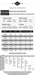 Detailed size guide and fabric specifications for men's bamboo fiber long sleeve shirt