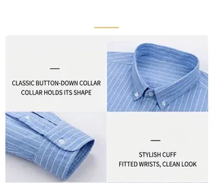 Détails du col boutonné et des poignets sur une chemise Oxford à rayures bleues